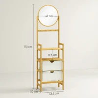 HOMCOM Raft de baie din bambus cu oglindă cu 4 cârlige 2 rafturi deschise și 2 sertare din material textil 48,5x30x170 cm Natural(m-3)