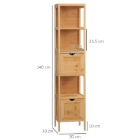 kleankin Dulap de depozitare coloană pentru baie din bambus 2 sertare detașabile și 3 rafturi 30 x 30 x 140 cm natural(m-3)