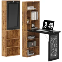 HOMCOM Secretária de Computador Dobrável com Estante Estação de Trabalho Quadro Negro e Prateleira Ajustável 98x51x153cm Marrom(m-6)