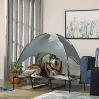 PawHut Pat pentru câini ridicat cu umbrelă, pat de camping pentru câini și pisici pe picioare din material Oxford respirabil, anti-UV cadru metalic geantă de transport inclus, spațiu de dormit pentru exterior pentru pisici 122 x 92 x 108 cm gri negru(m-2)