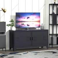 HOMCOM Suport TV banc televizor design industrial 2 dulapuri cu 2 rafturi reglabile treceri pentru cabluri structura otel negru(m-2)