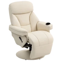 HOMCOM Manual Recliner Chair with Footrest, Upholstered Reclining Armchair with Adjustable Backrest and Cup Holder, PU Leather Swivel Chair for Living Room, Bedroom, Cream White(m-1)