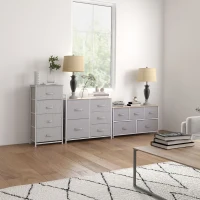 HOMCOM Comodă mobilier de depozitare 100 x 30 x 54 cm 5 sertare netesut gri structură oțel alb lemn deschis(m-4)