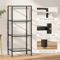 HOMCOM 4-Tier Shelving Unit, Glass Shelf, Vertical Storage Shelf for Living Room, Home Office, Bedroom, Bathroom, Black(m-6)