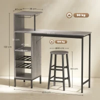 HOMCOM Bar-Set mit Hockern, Stehtischset mit 2 Barhockern, Aufbewahrungsregale, Weinregale, Naturholz(m-3)
