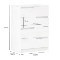 HOMCOM Comodă Modernă, Dulap, 4 Sertare, Placă de Pal, Dispozitiv Anti-Răsturnare, Amortizoare pentru Picioare, Alb(m-3)