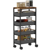 HOMCOM Carucior de Bucătărie de 5 Nivele Carucior Auxiliar cu Roți Tablou Efect Lemn Sertare Extrase 39,5x24x82 cm Negru