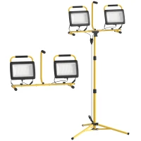 HOMCOM Projetor de Obra em Tripé 2x100W 17000Lm Dupla Cabeça Giratória 360° Suporte Ajustável à Prova de Água Ip65 Amarelo(m-6)