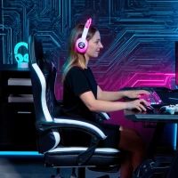 HOMCOM Gaming-Stuhl mit Fußstütze, Computerstuhl mit Kopfstütze & Kissen, Kunstleder-Bezug, drehbar, höhenverstellbar, Metall, Kunststoff, Schwarz+Weiß(m-8)