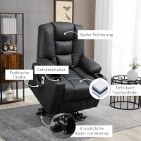 HOMCOM Fotoliu relaxant cu ajutor de ridicare, USB, functie de masaj, piele ecologica, pana la 150 kg, 90x98x102 cm, Negru(m-4)