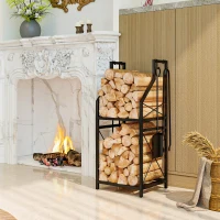 Outsunny Metallisches Kaminholzlager mit 2 Ebenen und 4 Werkzeugen Haken 34x30x80 cm Schwarz(m-2)