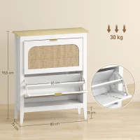 HOMCOM Meuble à chaussures 14 paires bohème avec 2 tiroirs rabattables, portes effet cannage rotin, 80 x 24 x 95,5 cm, blanc(m-3)