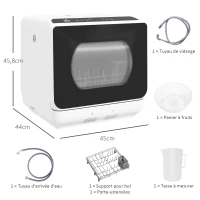 HOMCOM Mini lave-vaisselle 4 couverts 5 programmes réservoir d'eau 6L commande tactile affichage LED 45 x 44 x 45,8 cm blanc(m-3)
