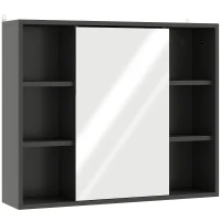 HOMCOM Mobilier baie cu oglindă, dulap cu uși și 6 compartimente deschise, 60 x 14,5 x 49,4 cm, negru(m-6)
