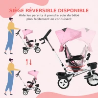 HOMCOM Tricycle bébé évolutif 6 en 1, tricycle enfant pliable, poignée parentale, siège réversible, 112x50x104cm, rose(m-6)