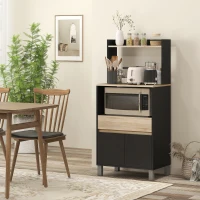 HOMCOM Móvel Carrinho de Cozinha para Micro-Ondas com Armário Gaveta Prateleira Superior 60x40x131 cm Natural e Preto(m-2)