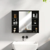 HOMCOM Mobilier baie cu oglindă, dulap cu uși și 6 compartimente deschise, 60 x 14,5 x 49,4 cm, negru(m-4)