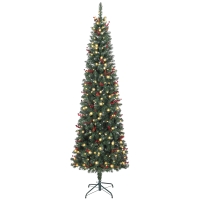 HOMCOM Árvore de Natal Slim 230 cm com Luzes LED 8 Modos de Iluminação 761 Ramos com Purpurina Prateada Pinhas e Bagas Verde