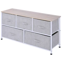 HOMCOM Comodă mobilier de depozitare 100 x 30 x 54 cm 5 sertare netesut gri structură oțel alb lemn deschis(m-5)