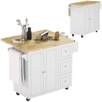 HOMCOM Ilha de Cozinha com Tampo Rebatível 3 Gavetas 1 Armário Porta-Panos e Porta-Especiarias 111,5x75x89 cm Branco(m-6)