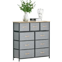 HOMCOM Comodă 9 sertare mobilier de depozitare sertar din material textil pliabil - structură oțel negru - 100 x 30 x 100 cm, stejar și gri(m-6)