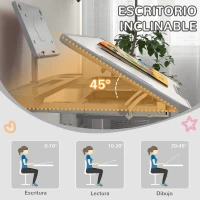 ZONEKIZ Pupitre Infantil Ajustable con 1 Cajón 1 Estante para Libros y Ángulo de Mesa Ajustable 80x49,5x82-104 cm Gris y Blanco(m-7)