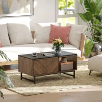 HOMCOM Tavolino salotto con piano effetto marmo, 2 ante e 2 nicchie aperte, 100 x 50,8 x 45,7 cm, Noce(m-4)