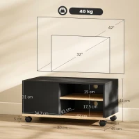 HOMCOM Stand TV pe Roți cu 2 Frâne - 2 nișe + Dulap cu Ușă 2 Treceri pentru Cablu - din Lemn Negru și Stejar Deschis(m-3)