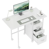 HOMCOM Secretária de Computador Dobrável com Rodas Secretária com Arrumação 3 Gavetas Tampo Extensível 105x51x75,5cm Branco(m-7)