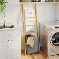 HOMCOM Estantería para Baño de Bambú Toallero de Pie con 3 Barras Cesto para Ropa Sucia Extraíble de 48 L Gris(m-9)