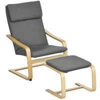 HOMCOM Fotoliu cu taburet, Set de fotolii, Aspect de in, Lemn masiv, Gri + Natur(m-1)