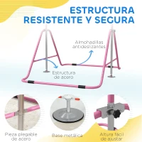 HOMCOM Barra de Gimnasia Artística Plegable Altura Ajustable Equipo de Gimnasia para Entrenamiento en Casa Rosa(m-5)