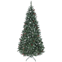 HOMCOM Albero di Natale Alto 210 cm da Interno con 928 Rami, Pigne e Bacche Rosse, Base in Metallo, Verde