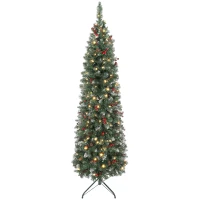 HOMCOM Albero di Natale Illuminato con 200 Luci LED, 42 Pigne e 42 Grappoli di Bacche, Ø65x180 cm, Verde e Argento(m-10)