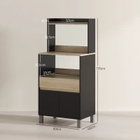 HOMCOM Móvel Carrinho de Cozinha para Micro-Ondas com Armário Gaveta Prateleira Superior 60x40x131 cm Natural e Preto(m-3)