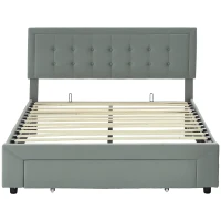 HOMCOM Cadru de pat dublu cu somier cutie cu pistoane, sertar pe roți, cap reglabil capitonat cu efect de catifea, gri(m-1)