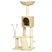 PawHut Arbre à chat înălțime 116 cm casetă coș platforme pompoane din pluș și iasomie de apă - bej(m-7)