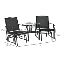 Outsunny Outdoor Garden Double Glider Rocking Chairs, Metal Gliding Loveseat with Middle Table Conversation Set Patio Backyard Relax Outdoor Furniture Black(m-3)