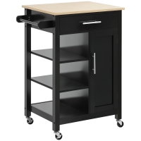 HOMCOM Dulap de Bucătărie cu Roți Dulap de Servire de Stil Contemporan - Ușă, sertar, 3 rafturi - mânere metal Blat Lemn de Hevea Negru