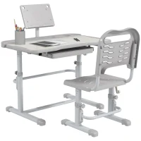 ZONEKIZ Pupitre Infantil Ajustable con 1 Cajón 1 Estante para Libros y Ángulo de Mesa Ajustable 80x49,5x82-104 cm Gris y Blanco(m-1)