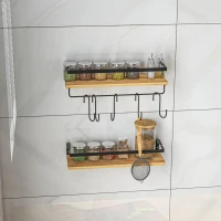 HOMCOM Set de 2 rafturi murale cu 6 cârlige detașabile și trăgaci, stil industrial pentru bucătărie, baie, lemn oțel(m-4)