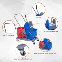 HOMCOM Chariot de lavage chariot de nettoyage professionnel presse à mâchoire 2 seaux 25 L 73L x 45l x 92H cm plastique gris bleu rouge(m-7)