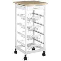 HOMCOM Cărucior de servire măsuță cu roți multi-rangements 4 coșuri metal + sertar lemn de pin 37 x 37 x 82 cm alb(m-1)