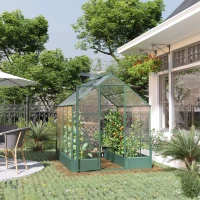 Outsunny Garden Walk-in Polycarbonate Greenhouse with Raised Garden Bed, Temperature Controlled Window, Aluminium Frame & Foundation, 6 x 8ft(m-2)