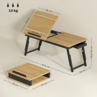 HOMCOM Mesa de Cama Dobrável e Ajustável Tampo de Cama para Laptop em Bambu Inclinável Gaveta Carvalh(m-3)