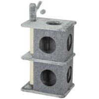 PawHut Árbol para gatos de 3 niveles torre para gatos 2 cuevas y superficie de descanso confortable, bola 43 x 33 x 80 cm gris oscuro(m-7)
