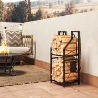 Outsunny Porte-bûches Métallique de Cheminée avec Support pour Leña de 2 Niveaux et 4 Outils Crochets 34x30x80 cm Noir(m-5)