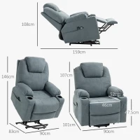 HOMCOM Fotoliu pentru Masaj cu Ridicare pentru Persoane În Vârstă, 8 Puncte de Masaj, Pungi Laterale, Telecomandă, 90L x 101B x 107 cm, Gri(m-3)