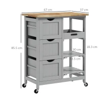 HOMCOM Carucior Auxiliar cu Roti Carucior de Bucatarie cu 3 Sertare 2 Rafturi Deschise si Tava Detasabila 67x37x85,5 cm Gri(m-3)