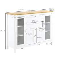HOMCOM Mobile Cucina con 2 Cassetti e 3 Armadietti, Ante in Vetro e Ripiani Regolabili, 120x40x90 cm, Bianco e Rovere(m-3)